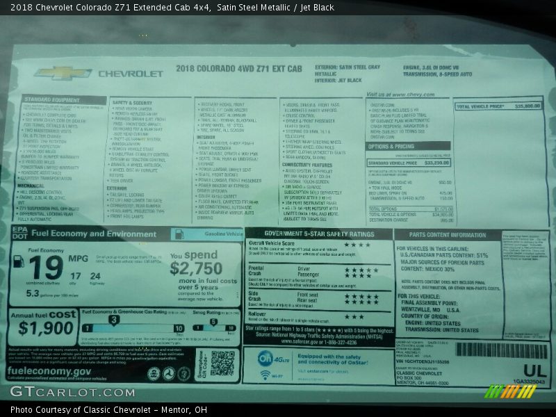 Satin Steel Metallic / Jet Black 2018 Chevrolet Colorado Z71 Extended Cab 4x4