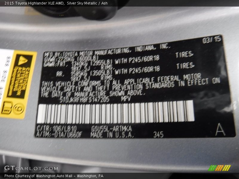 Silver Sky Metallic / Ash 2015 Toyota Highlander XLE AWD