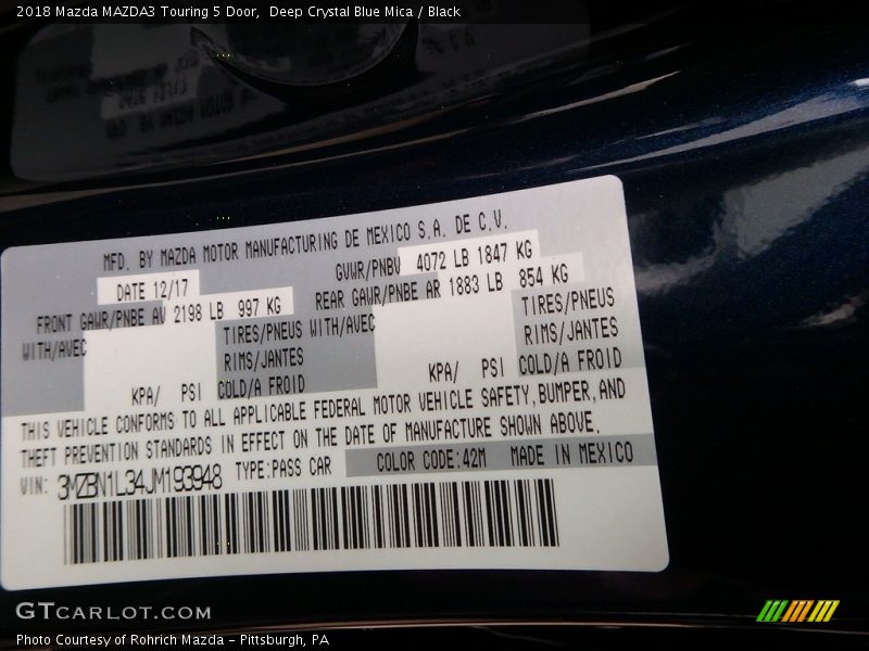 Deep Crystal Blue Mica / Black 2018 Mazda MAZDA3 Touring 5 Door