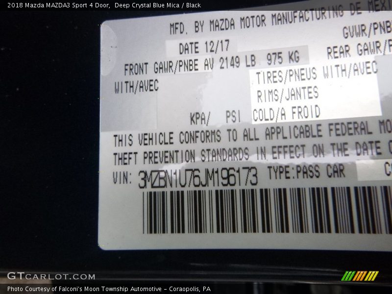 Deep Crystal Blue Mica / Black 2018 Mazda MAZDA3 Sport 4 Door