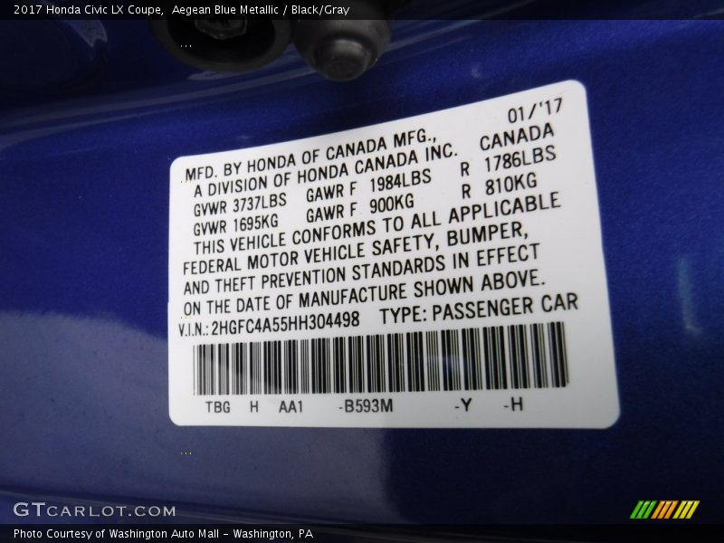 2017 Civic LX Coupe Aegean Blue Metallic Color Code B593M