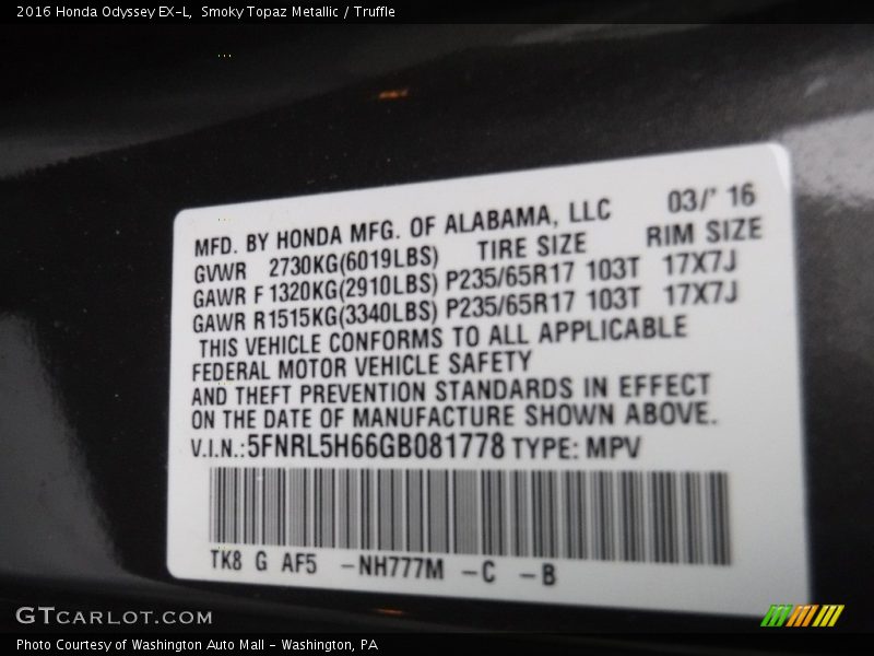 Smoky Topaz Metallic / Truffle 2016 Honda Odyssey EX-L