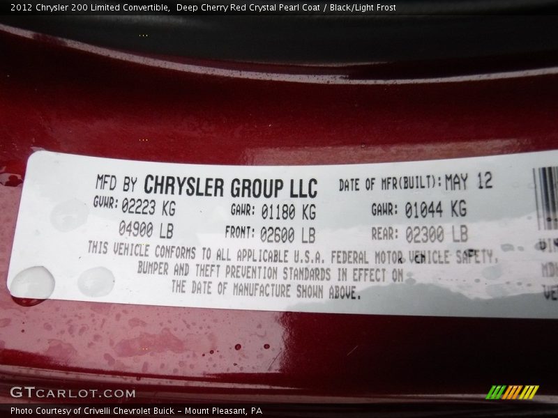 Deep Cherry Red Crystal Pearl Coat / Black/Light Frost 2012 Chrysler 200 Limited Convertible