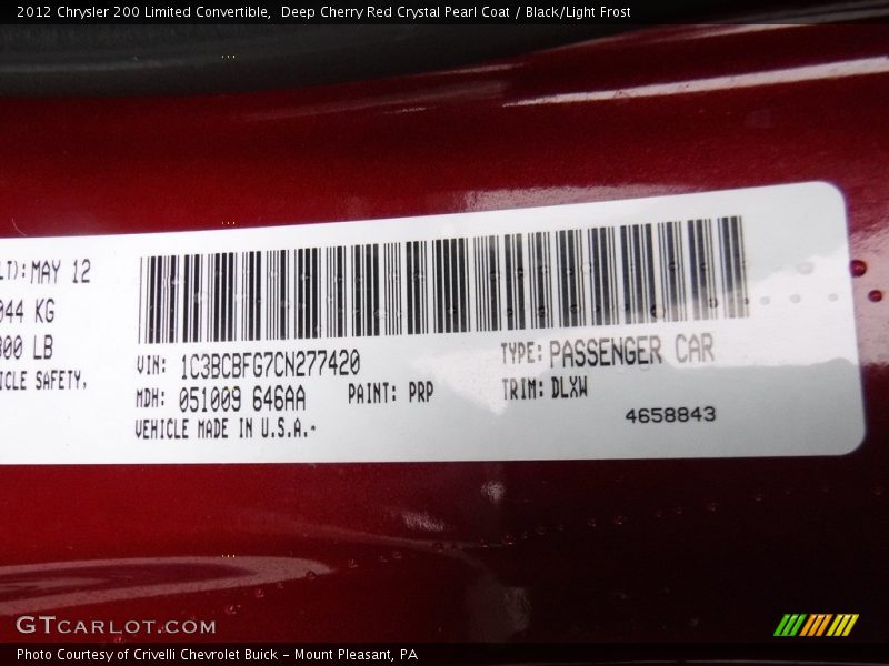 Deep Cherry Red Crystal Pearl Coat / Black/Light Frost 2012 Chrysler 200 Limited Convertible