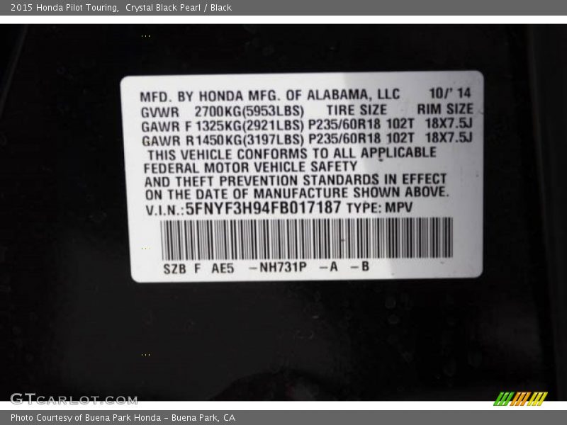 Crystal Black Pearl / Black 2015 Honda Pilot Touring