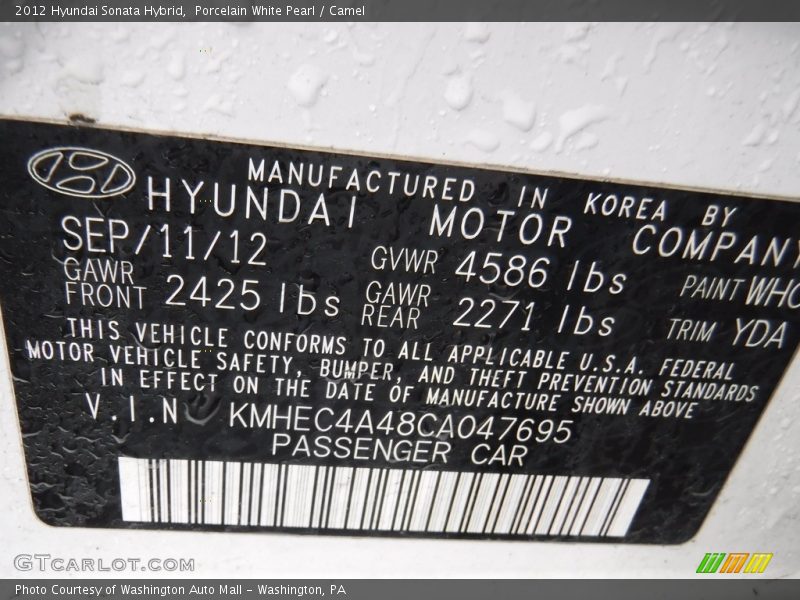Porcelain White Pearl / Camel 2012 Hyundai Sonata Hybrid