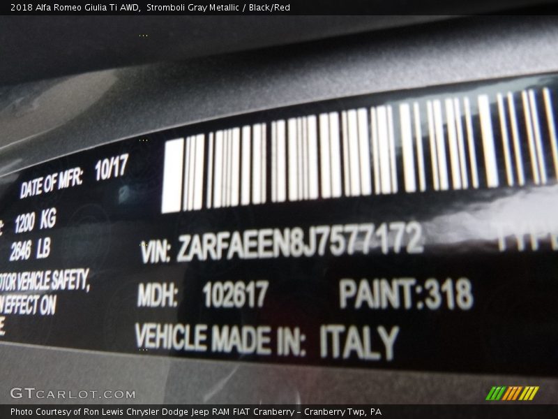 Stromboli Gray Metallic / Black/Red 2018 Alfa Romeo Giulia Ti AWD