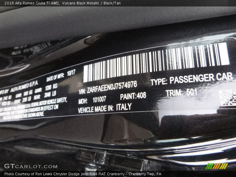 2018 Giulia Ti AWD Vulcano Black Metallic Color Code 408
