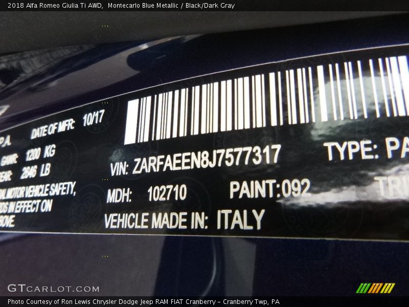 2018 Giulia Ti AWD Montecarlo Blue Metallic Color Code 092