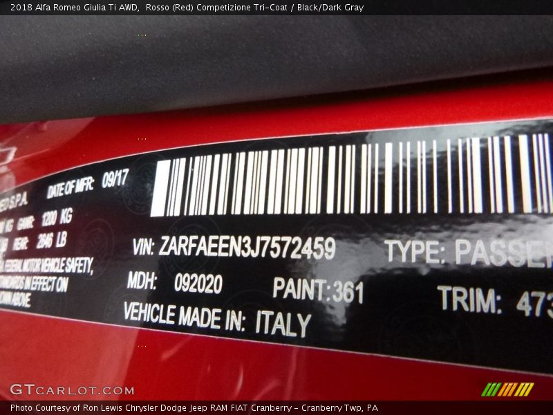 2018 Giulia Ti AWD Rosso (Red) Competizione Tri-Coat Color Code 361