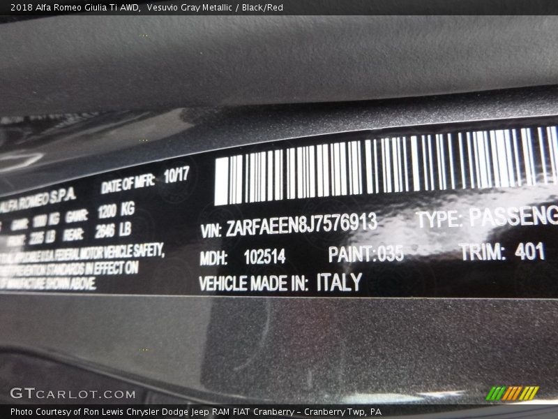 Vesuvio Gray Metallic / Black/Red 2018 Alfa Romeo Giulia Ti AWD