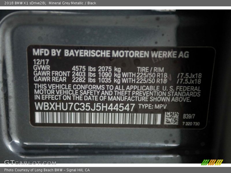 2018 X1 sDrive28i Mineral Grey Metallic Color Code B39