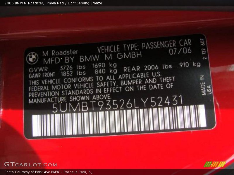 Imola Red / Light Sepang Bronze 2006 BMW M Roadster