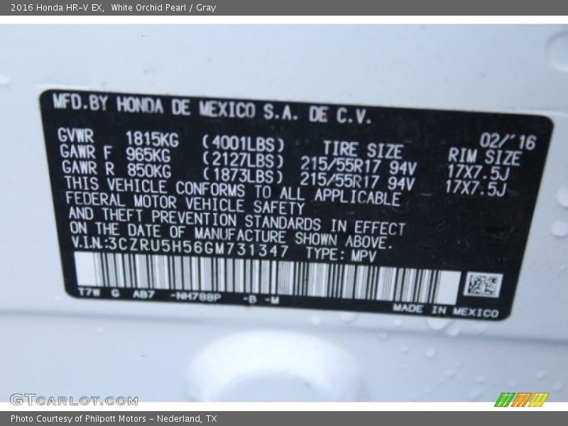 White Orchid Pearl / Gray 2016 Honda HR-V EX
