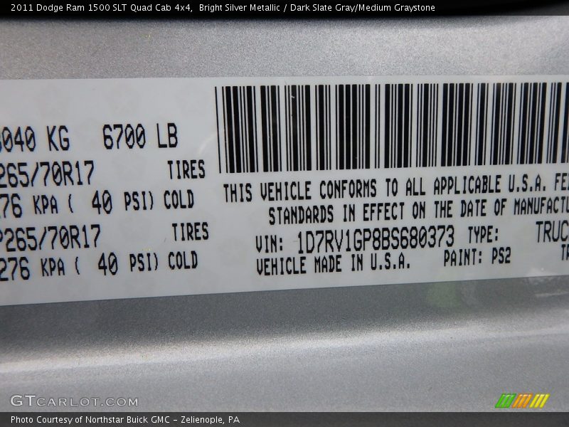 Bright Silver Metallic / Dark Slate Gray/Medium Graystone 2011 Dodge Ram 1500 SLT Quad Cab 4x4