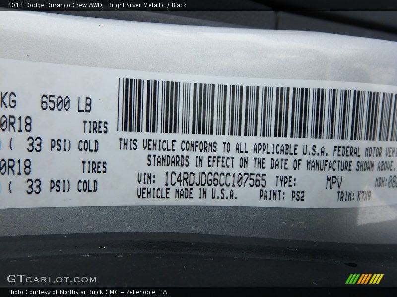 Bright Silver Metallic / Black 2012 Dodge Durango Crew AWD