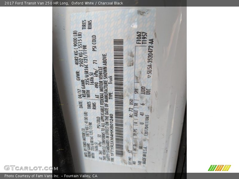 2017 Transit Van 250 HR Long Oxford White Color Code YZ