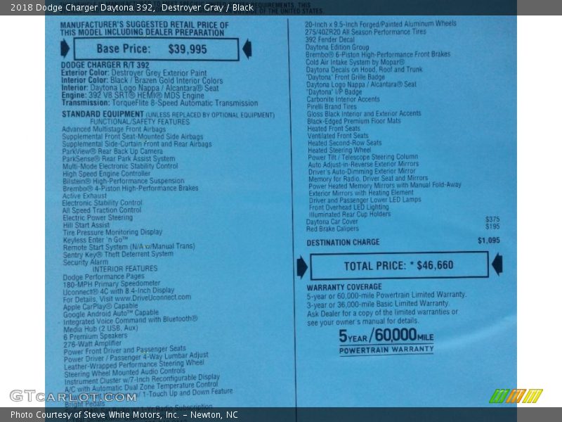 Destroyer Gray / Black 2018 Dodge Charger Daytona 392