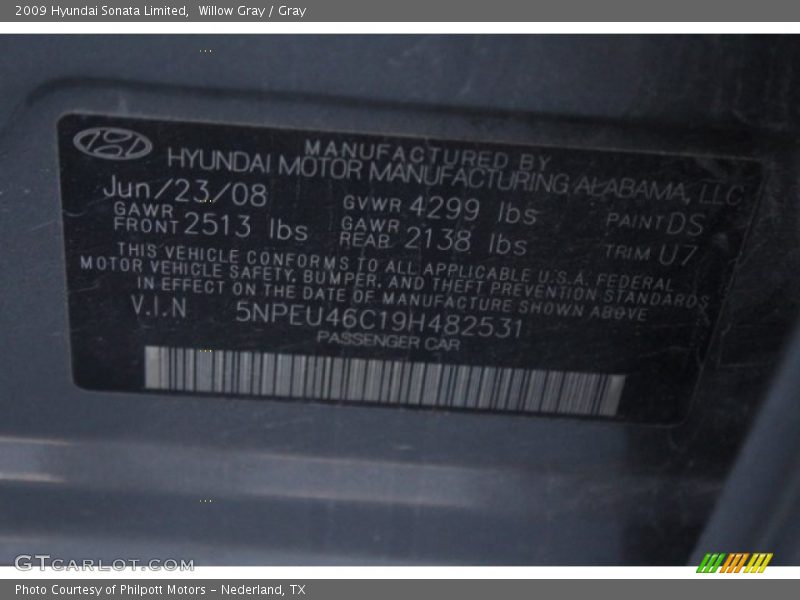 Willow Gray / Gray 2009 Hyundai Sonata Limited