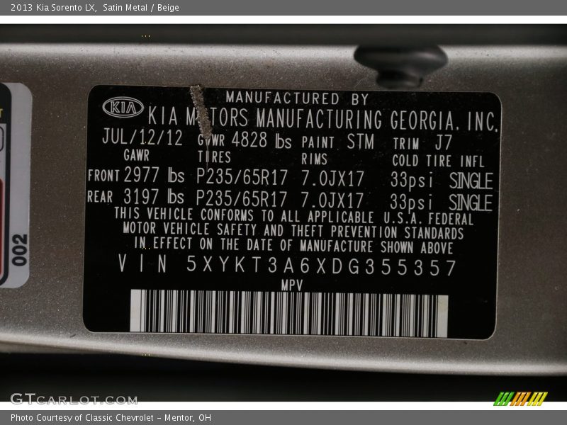 Satin Metal / Beige 2013 Kia Sorento LX