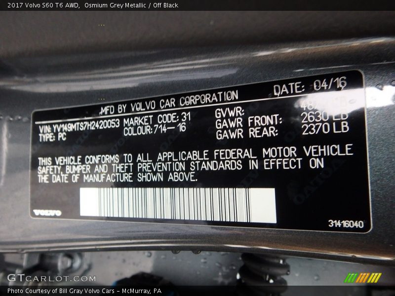 Osmium Grey Metallic / Off Black 2017 Volvo S60 T6 AWD