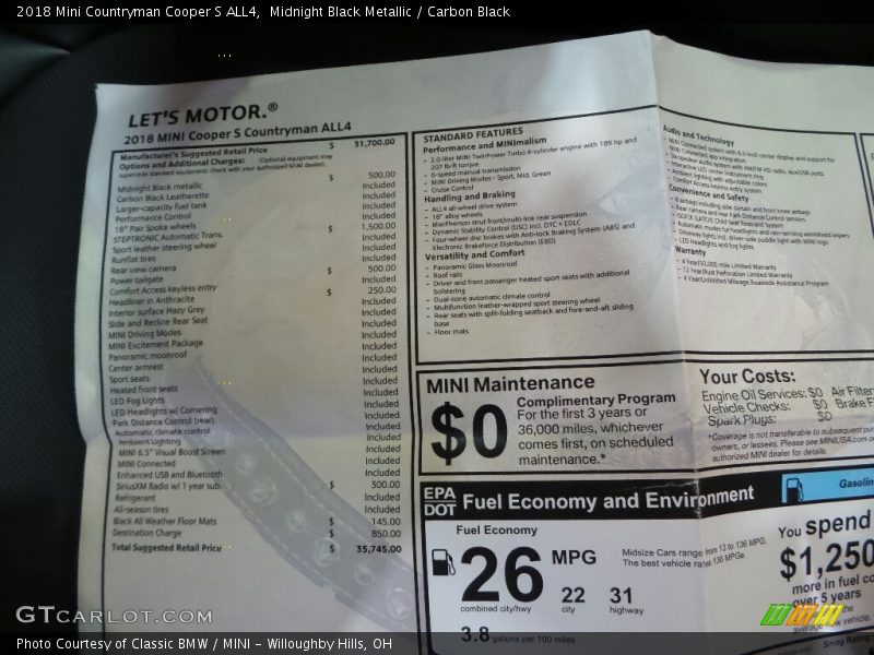 Midnight Black Metallic / Carbon Black 2018 Mini Countryman Cooper S ALL4