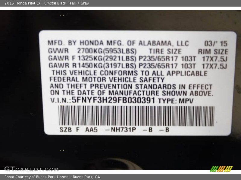 Crystal Black Pearl / Gray 2015 Honda Pilot LX
