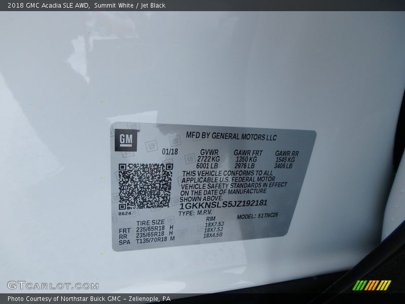 Summit White / Jet Black 2018 GMC Acadia SLE AWD