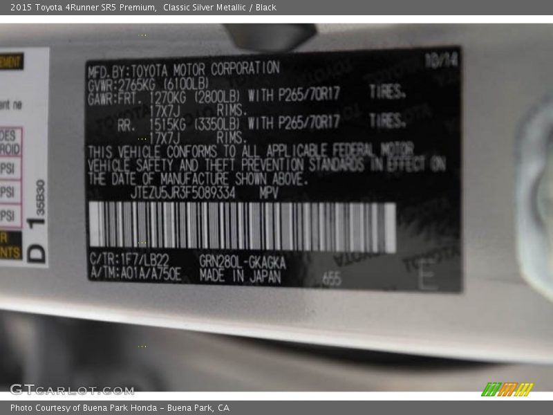 Classic Silver Metallic / Black 2015 Toyota 4Runner SR5 Premium