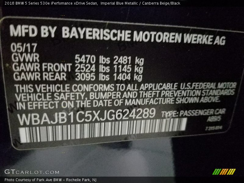 2018 5 Series 530e iPerfomance xDrive Sedan Imperial Blue Metallic Color Code A89