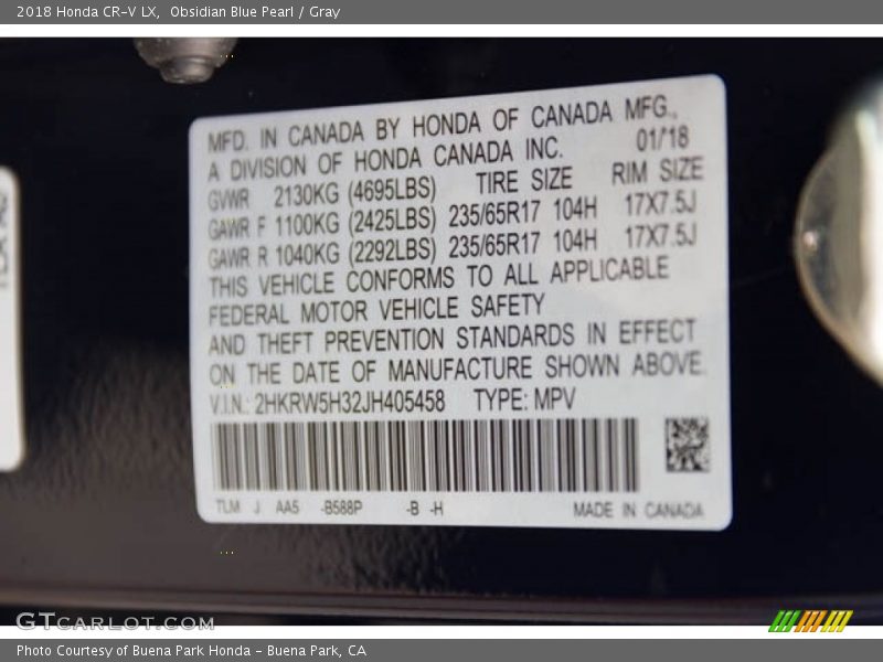 Obsidian Blue Pearl / Gray 2018 Honda CR-V LX