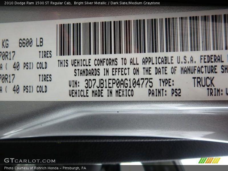 Bright Silver Metallic / Dark Slate/Medium Graystone 2010 Dodge Ram 1500 ST Regular Cab