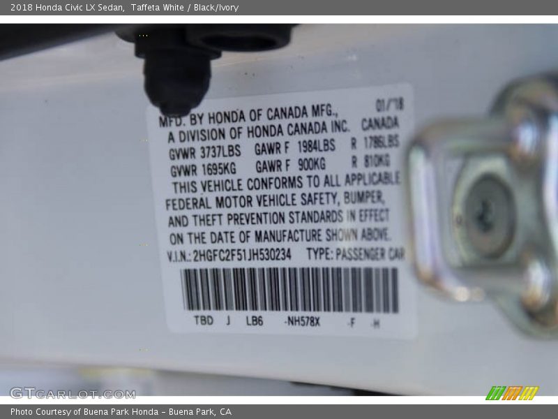 Taffeta White / Black/Ivory 2018 Honda Civic LX Sedan