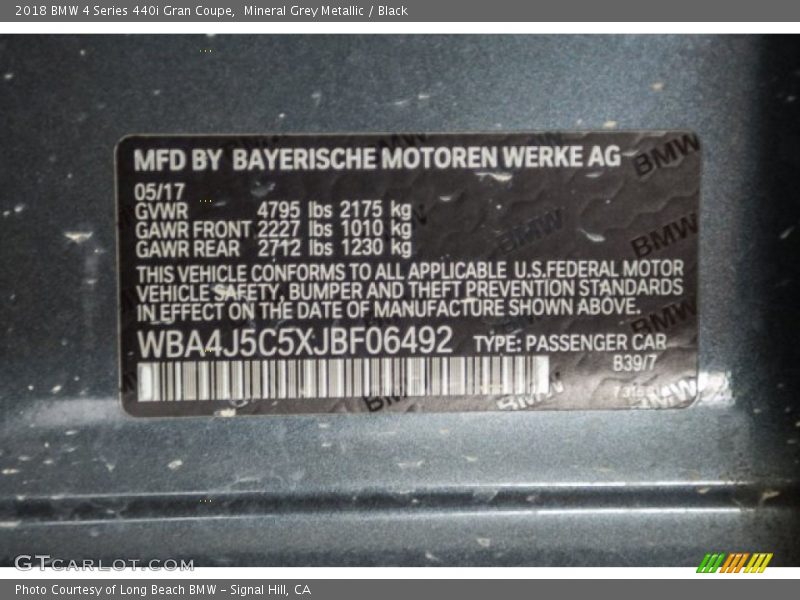 Mineral Grey Metallic / Black 2018 BMW 4 Series 440i Gran Coupe