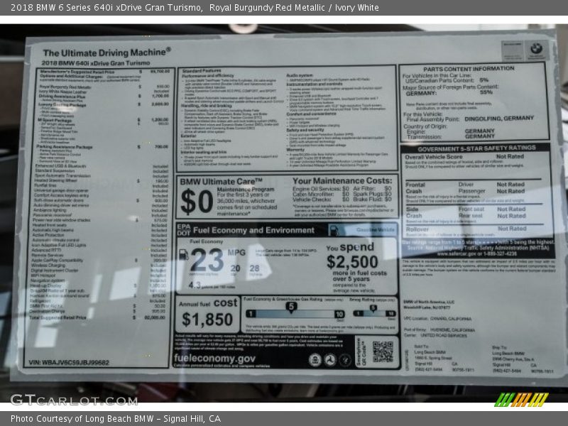  2018 6 Series 640i xDrive Gran Turismo Window Sticker