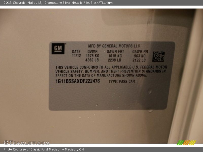Champagne Silver Metallic / Jet Black/Titanium 2013 Chevrolet Malibu LS