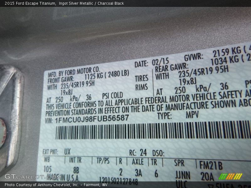 Ingot Silver Metallic / Charcoal Black 2015 Ford Escape Titanium