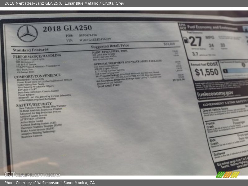 Lunar Blue Metallic / Crystal Grey 2018 Mercedes-Benz GLA 250