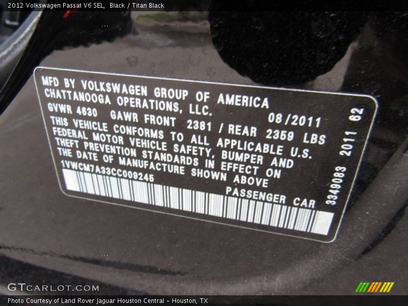 Black / Titan Black 2012 Volkswagen Passat V6 SEL