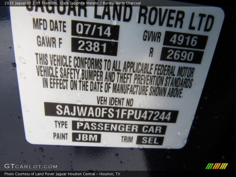 Dark Sapphire Metallic / Barley/Warm Charcoal 2015 Jaguar XF 2.0T Premium