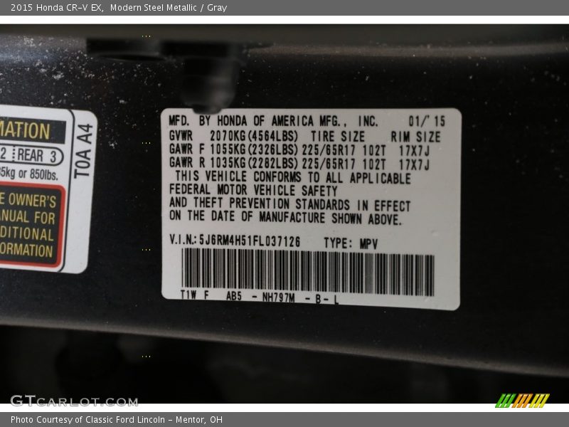 Modern Steel Metallic / Gray 2015 Honda CR-V EX