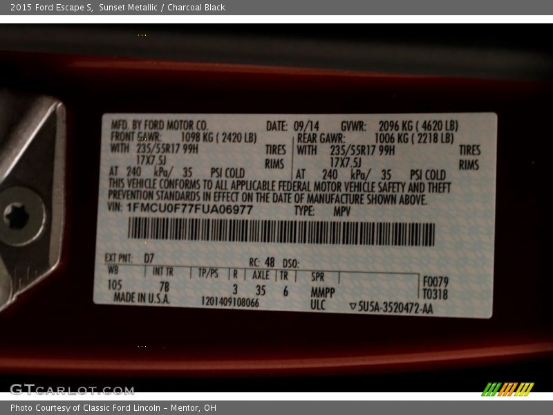 Sunset Metallic / Charcoal Black 2015 Ford Escape S