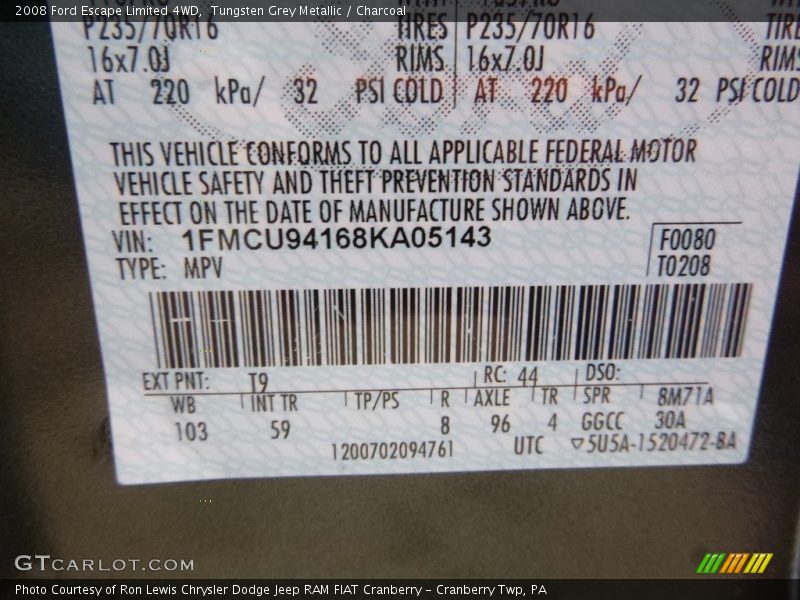 Tungsten Grey Metallic / Charcoal 2008 Ford Escape Limited 4WD