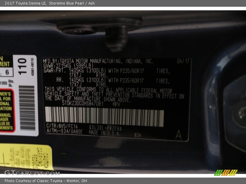 Shoreline Blue Pearl / Ash 2017 Toyota Sienna LE