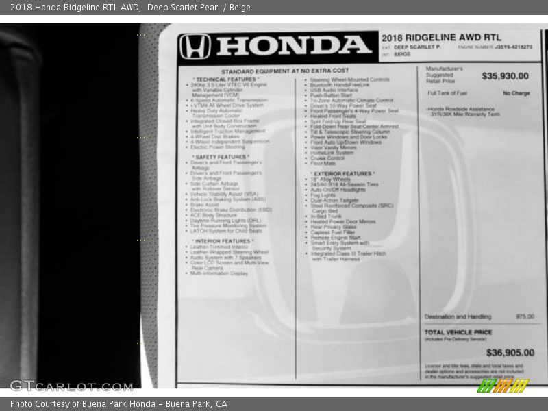 Deep Scarlet Pearl / Beige 2018 Honda Ridgeline RTL AWD