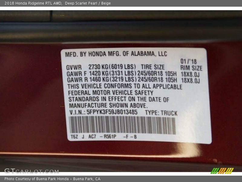 Deep Scarlet Pearl / Beige 2018 Honda Ridgeline RTL AWD