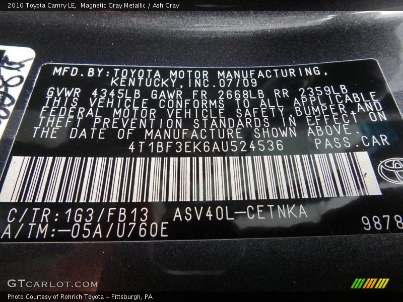 Magnetic Gray Metallic / Ash Gray 2010 Toyota Camry LE