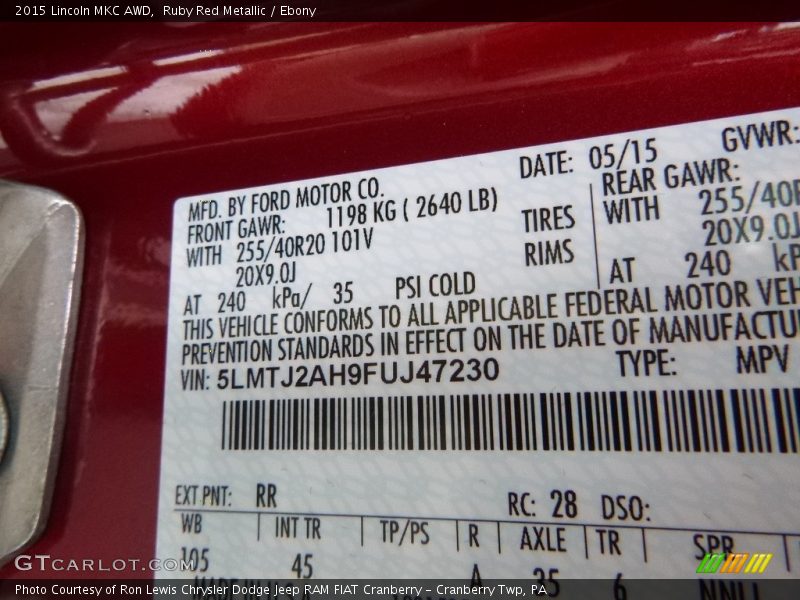 Ruby Red Metallic / Ebony 2015 Lincoln MKC AWD