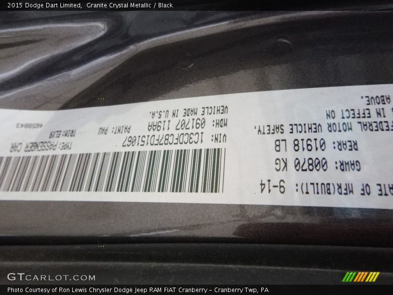 Granite Crystal Metallic / Black 2015 Dodge Dart Limited
