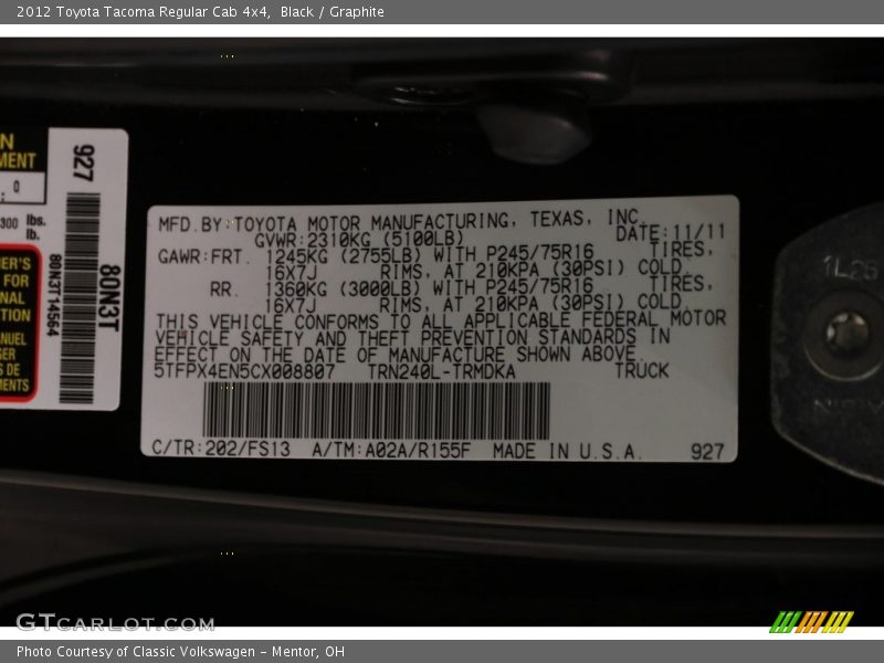 Black / Graphite 2012 Toyota Tacoma Regular Cab 4x4